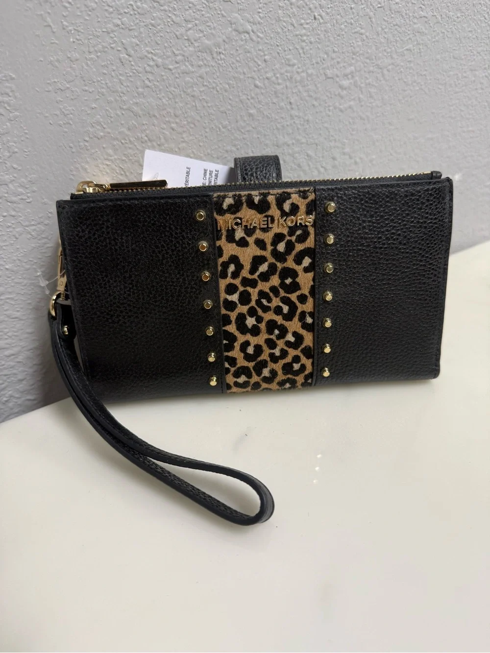 Michael Kors JET SET Black & Leopard-Accent Wristlet